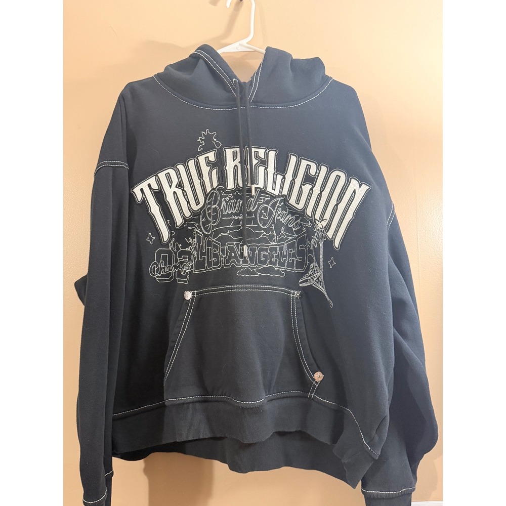 True Religion Hoodie Mens XL Black Cotton Graphic Contrast Stitch Y2K Streetwear
